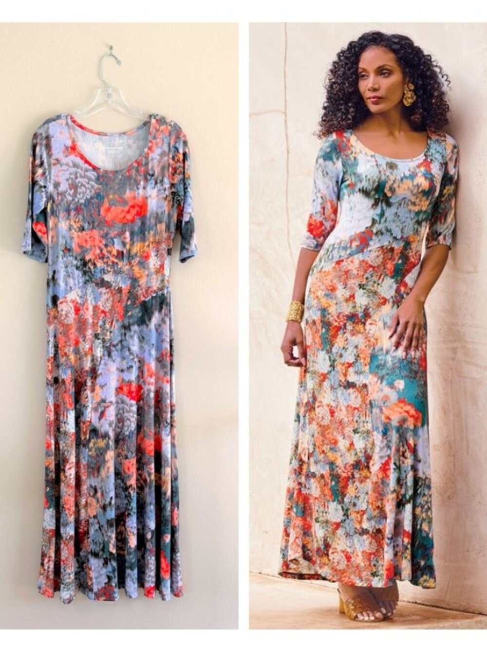 Soft Surroundings Boho Petite Nanette Stretch Jersey Knit Floral Maxi Dress